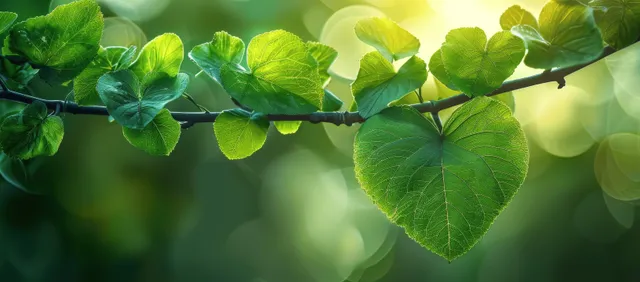 Heart-shaped green leaf hangs from a tree branch against a soft sunlit bokeh background.