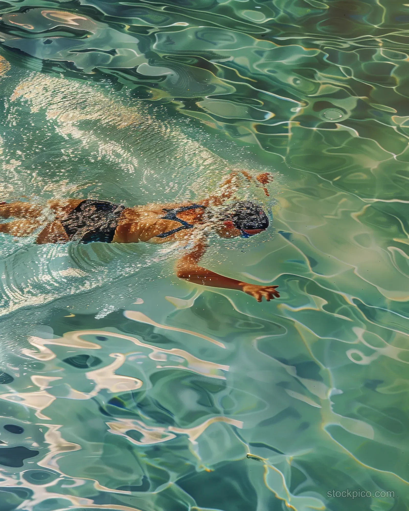 A swimmer in motion performs a butterfly stroke under warm sunlight, sending ripples across the pool surface.