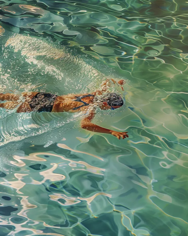 A swimmer in motion performs a butterfly stroke under warm sunlight, sending ripples across the pool surface.