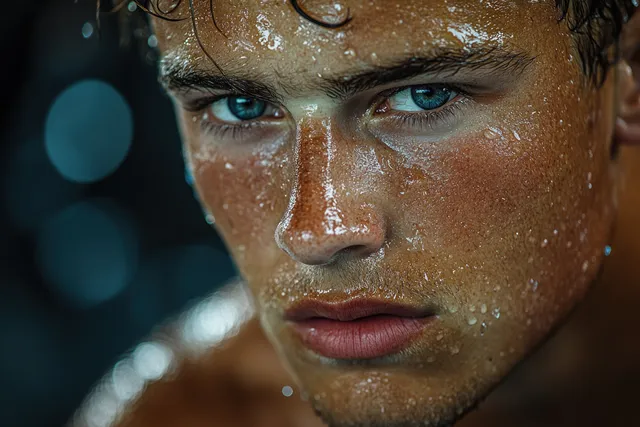 Sweaty athlete faces the camera in a gym, droplets on skin, preparing a supplement capsule.