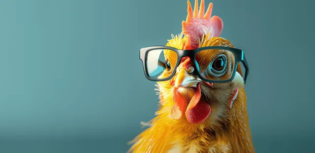 Chicken portrait wearing black rimmed glasses with bright blue studio background