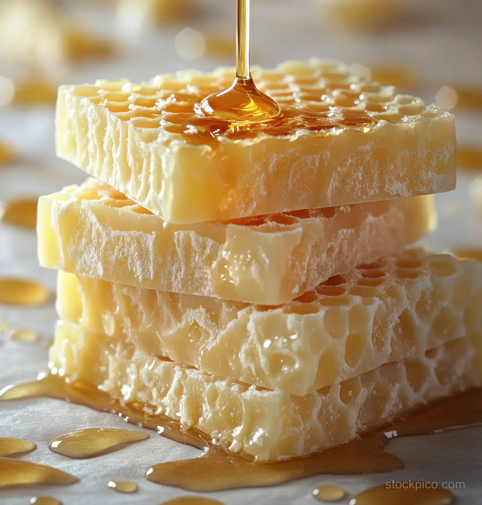 White chocolate slab with honeycomb texture as golden syrup drips onto scattered chocolate pieces.