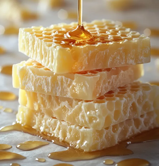 White chocolate slab with honeycomb texture, golden syrup dripping onto pieces
