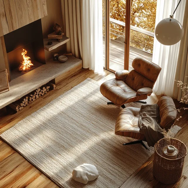 Cozy Scandinavian living room with a leather armchair, soft rug, lit fireplace, and large window light.