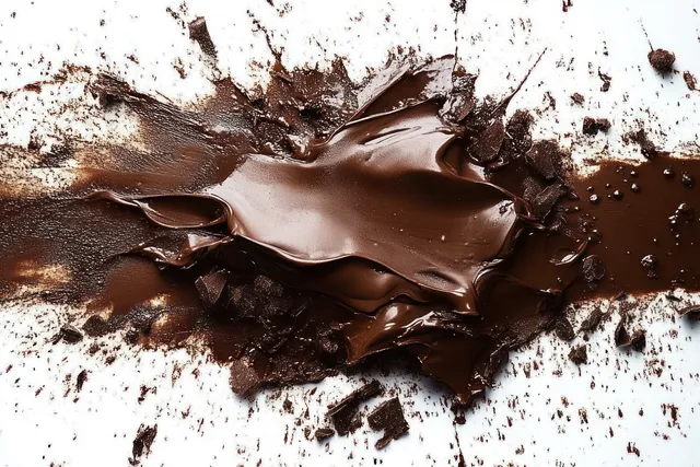 Creamy chocolate spread with chunks smeared on a white surface, forming a rich textured pattern.