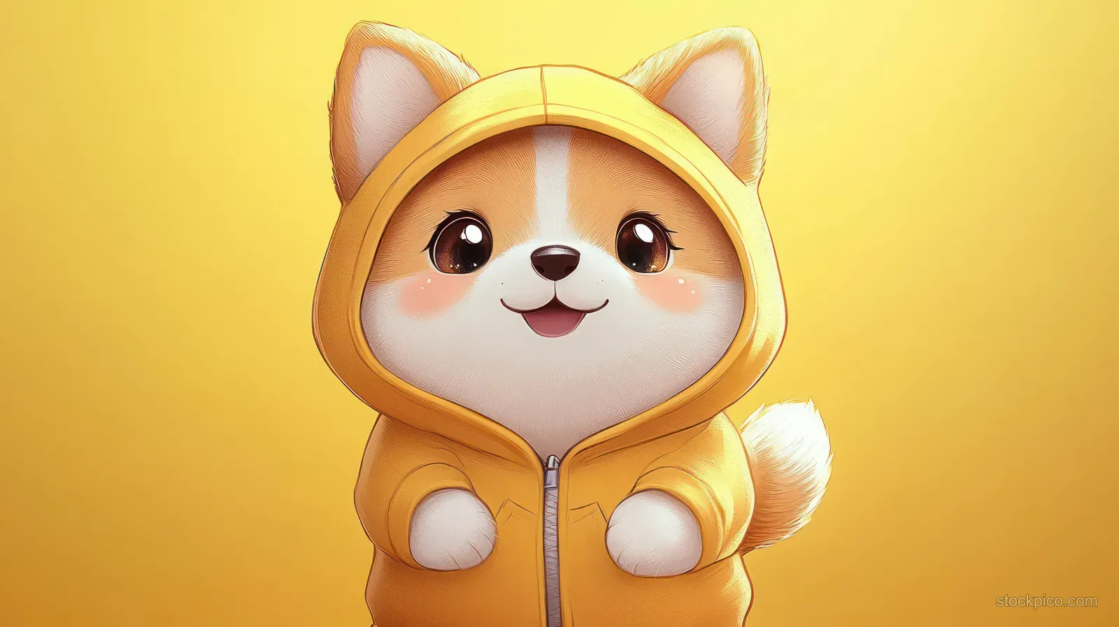 A chubby shiba inu character in a yellow hooded onesie smiles on a warm yellow background.