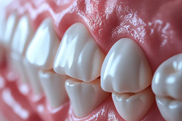 Close-up 3D view of a molar with yellow tartar and plaque near the gumline against soft background.