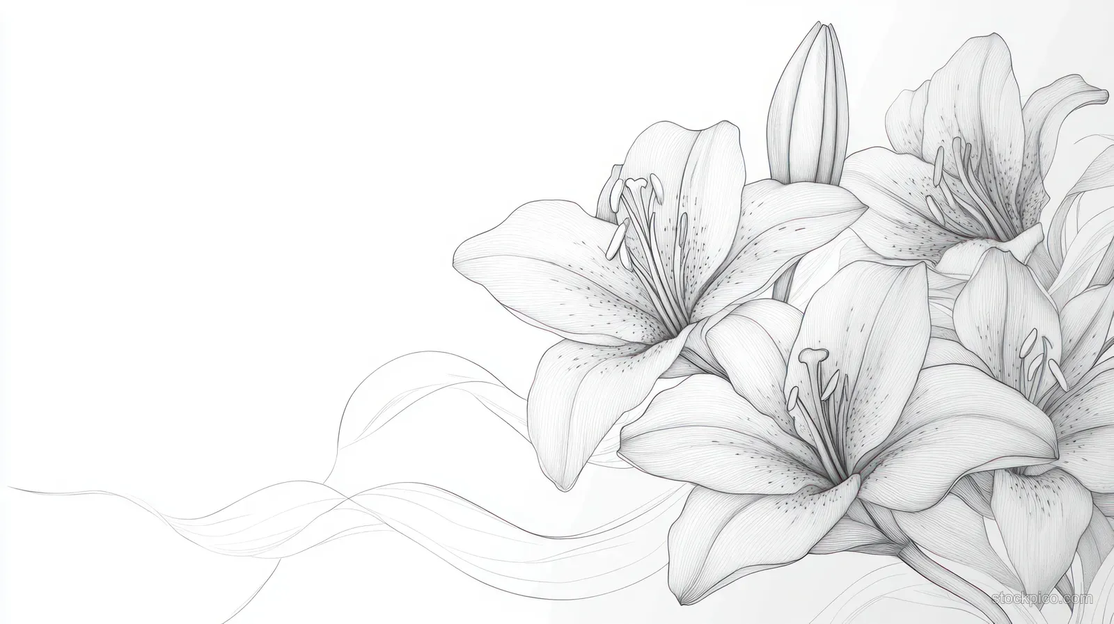 Pencil-drawn lily blossoms with delicate petals and subtle shading clustered on a white background.