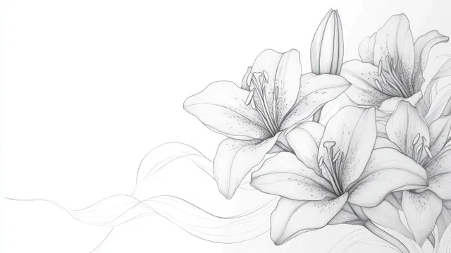 Pencil-drawn lily blossoms with delicate petals and subtle shading clustered on a white background.