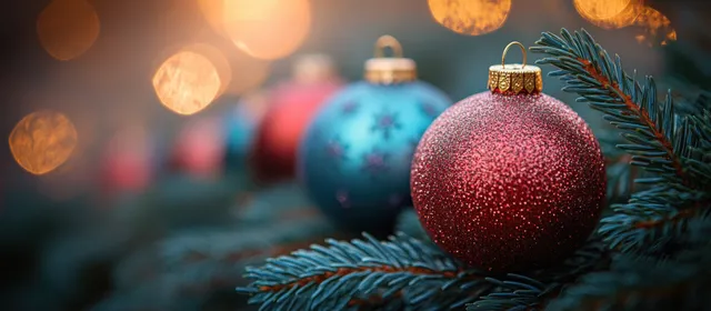 A red glitter Christmas bauble sits on pine needles with warm glowing bokeh lights behind it.