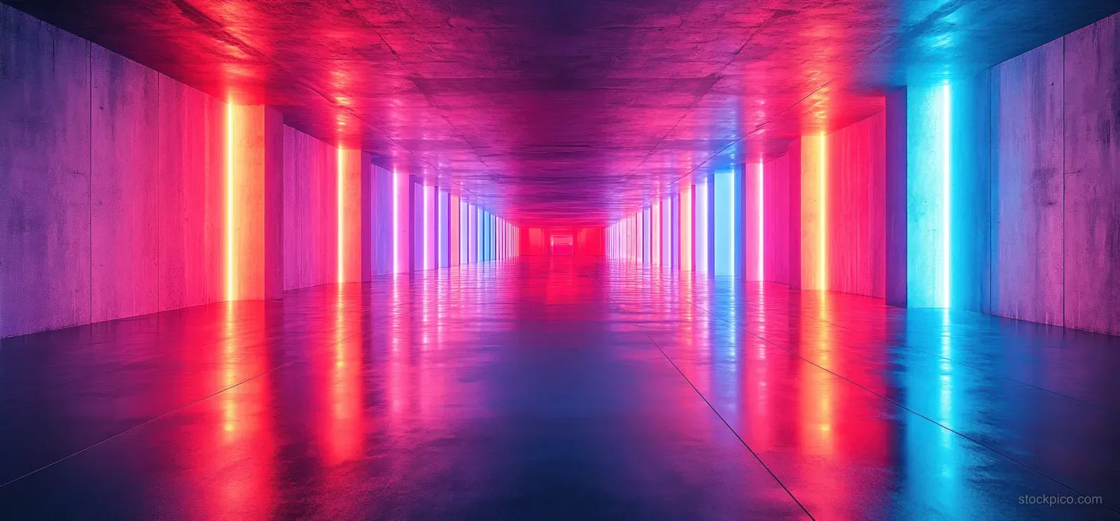 Cyberpunk corridor tunnel with blue and red neon laser lights glowing along glossy floor reflections.