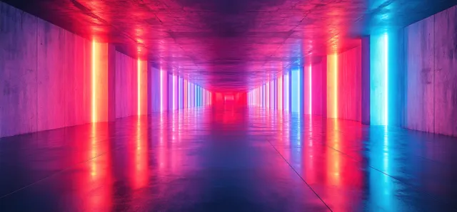 Cyberpunk corridor tunnel with blue and red neon laser lights glowing along glossy floor reflections.