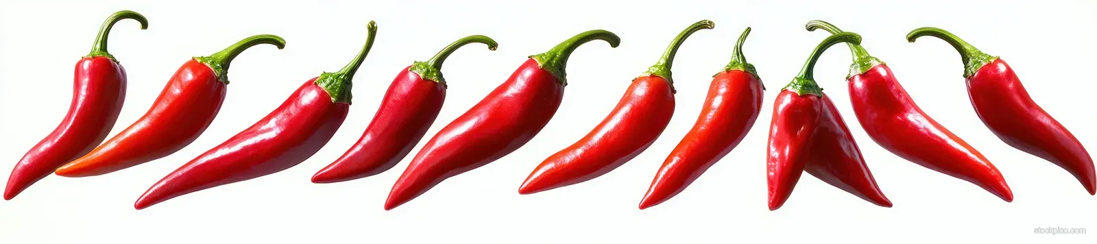 A row of glossy red chili peppers with green stems arranged on a white background.