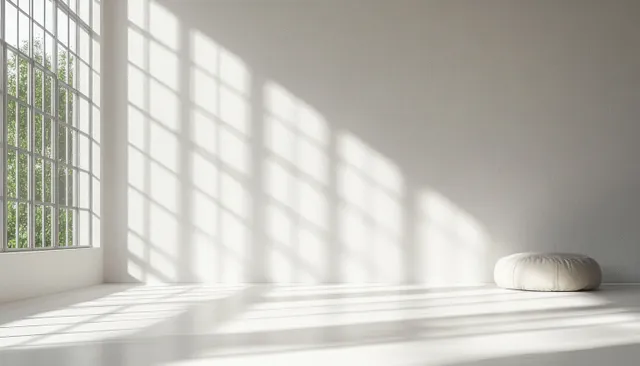 Sunlight from a barred window casts long shadows over a white minimalist room floor and wall.