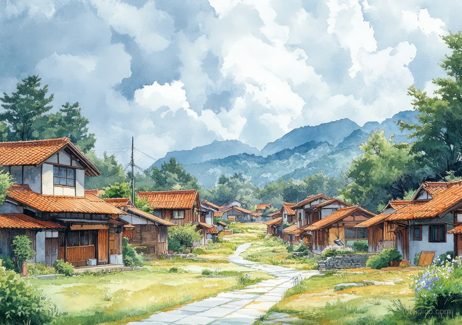 Watercolor illustration shows a Japanese village road between red-roof houses, greenery, and distant mountains under blue sky.