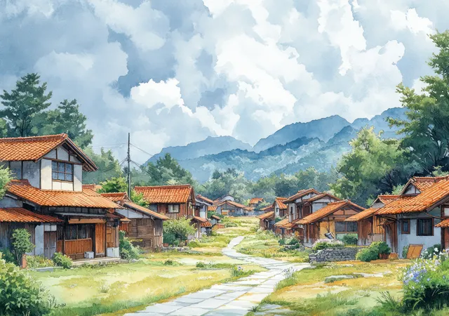 Watercolor illustration shows a Japanese village road between red-roof houses, greenery, and distant mountains under blue sky.