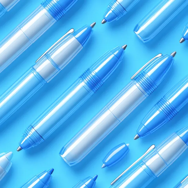 Seamless pattern of blue and white injection dosing pens with needle tips on a light blue background.