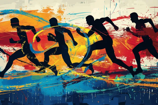 Black silhouettes of runners sprint across a colorful splattered paint background with sport event symbolism.