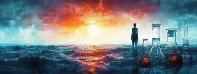 A solitary silhouette stands in ocean waves at sunset with transparent laboratory beakers and flasks floating beside glowing reflections.