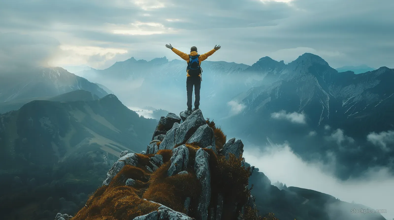 A hiker stands atop a rocky peak with arms raised while sunrise light illuminates misty mountain valleys.