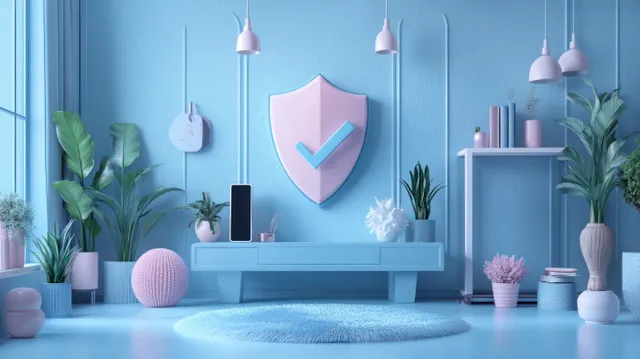 3D shield with checkmark on smartphone in blue security room
