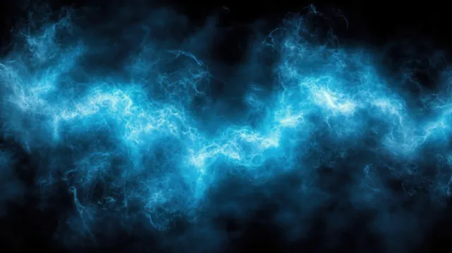 Electric blue energy wave swirls through dark smoky clouds with glowing sparks.