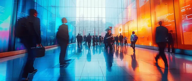 Blurred professionals walk through a corporate lobby with blue and orange digital display walls in the background.