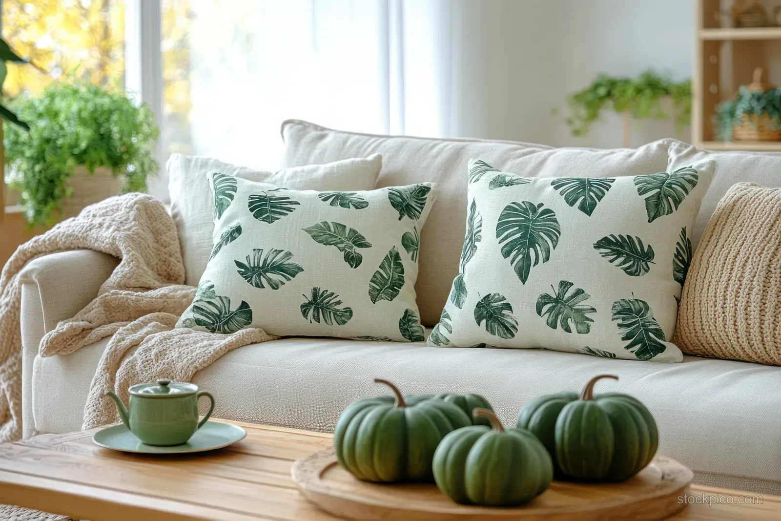 Green leaf-pattern pillows on a light sofa beside a wooden table with a green mug and small pumpkins.