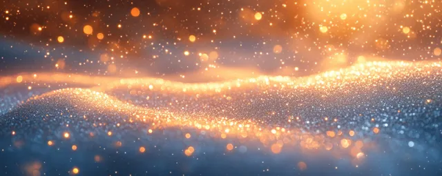 Warm golden bokeh lights blur across a shimmering snow winter background with soft glow.