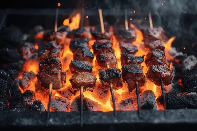 Indonesian chicken satay skewers grilling over charcoal flames with smoky, spicy marinade