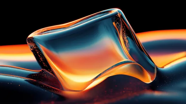 An irregular translucent ice cube glows with orange and blue light while reflecting on a dark surface.
