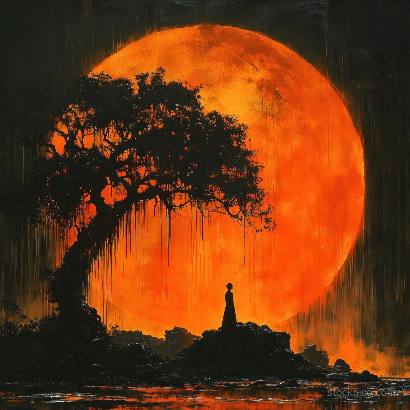 Buddha silhouette under a large tree with a vivid orange moon and smoky haze.