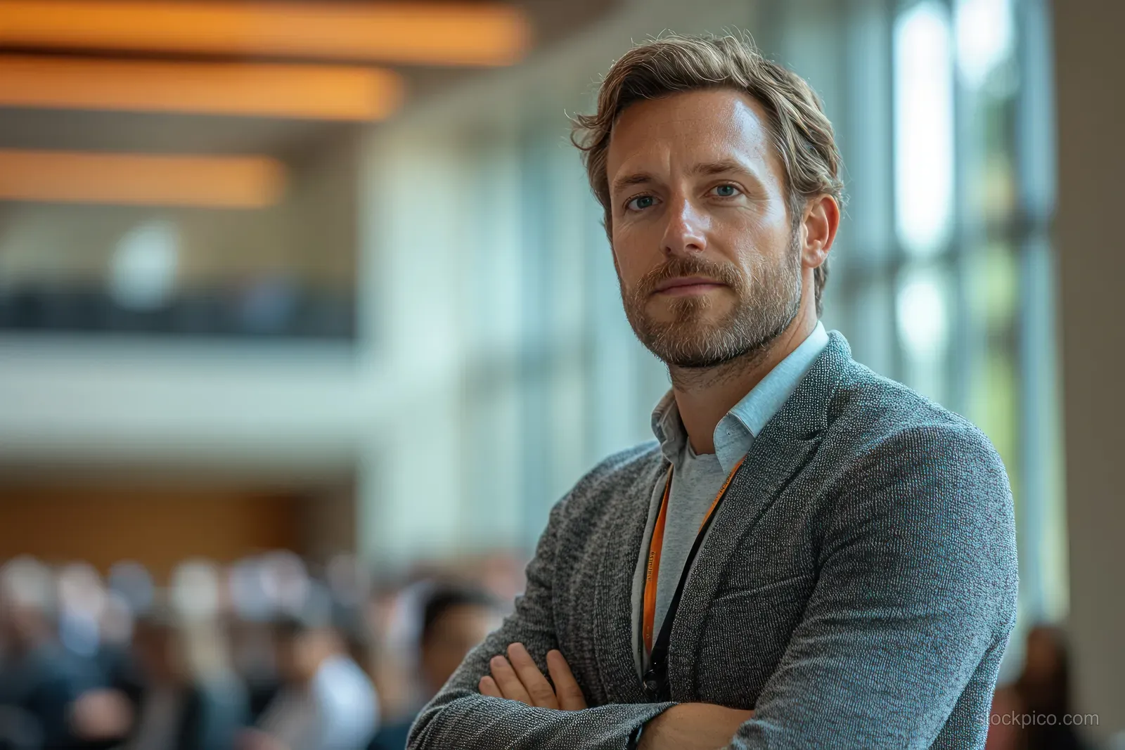 Confident man in a blazer stands with crossed arms while presenting to colleagues in a bright office atrium.