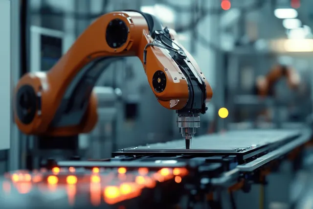 Orange robotic arm assembling electronic components on a conveyor belt in a factory