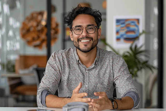 Confident man with glasses speaking to camera at office desk during remote training