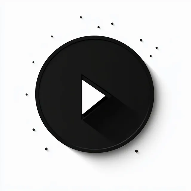 Minimal black circular play button with a white triangle arrow casting a long shadow, surrounded by scattered small black dots on white.