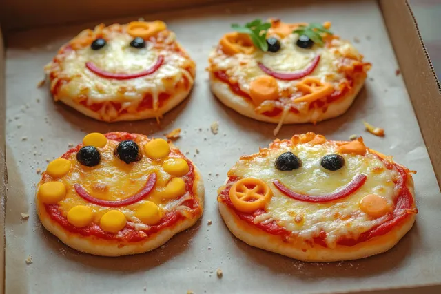 Halloween mini pizza monsters with smiling faces on baking sheet, close-up cheese and sauce