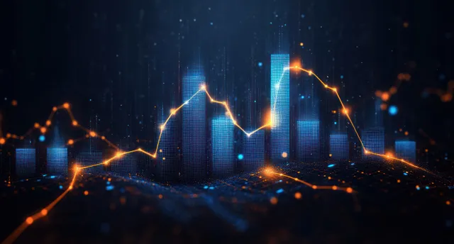 Glowing blue 3D bars and an orange fluctuating line chart on a dark digital data background.