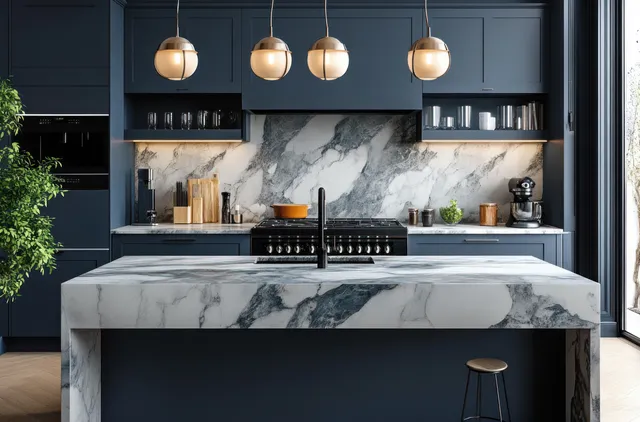Dark blue kitchen cabinets frame a white marble island lit by multiple pendant lamps.
