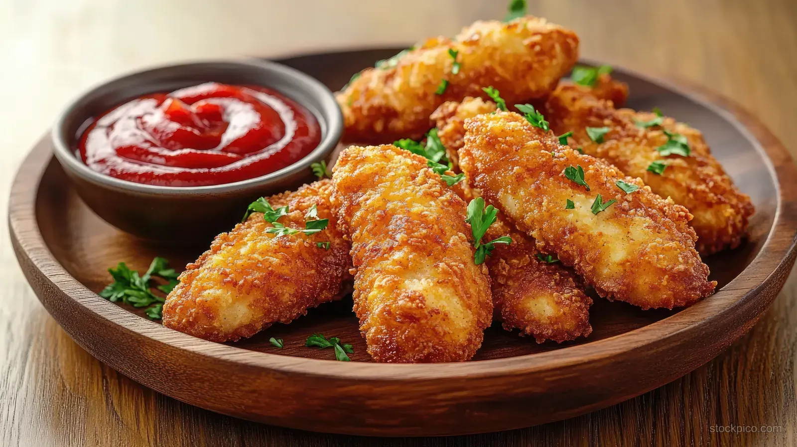 Golden fried chicken tenders with parsley sit on a wooden plate next to a bowl of red dipping sauce.