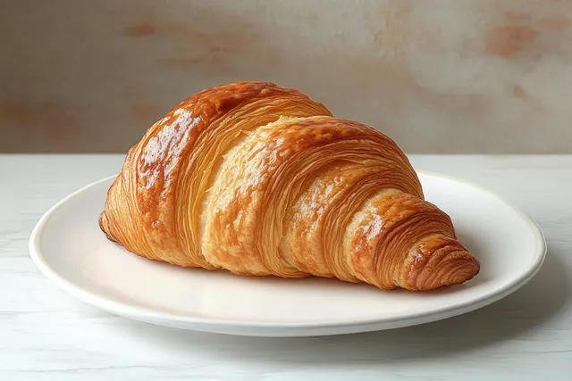 A golden flaky croissant on a white plate photographed in soft natural morning light.