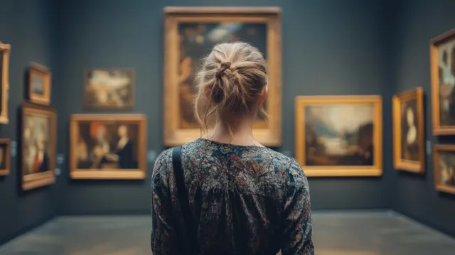 Una mujer está en una galería de museo admirando pinturas clásicas enmarcadas sobre paredes azules bajo una luz cálida.