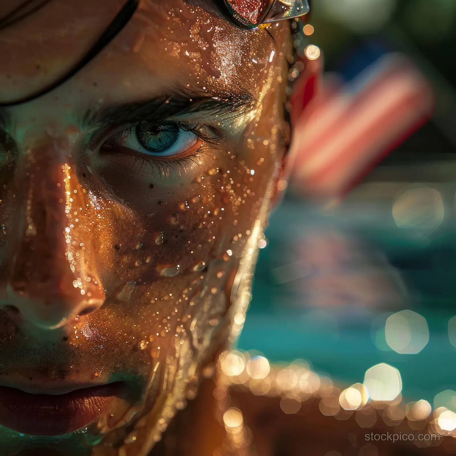 Close-up of a male breaststroke swimmer’s face with water droplets during a 100m race.