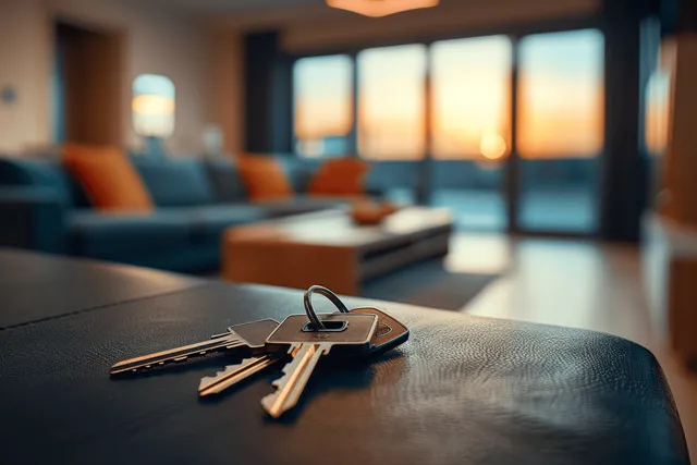 Keys with keyring lie on a coffee table while a modern living room blurs in warm evening light.