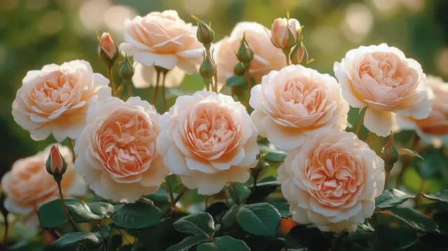 Cluster of soft peach roses in full bloom with green leaves in bright sunlight