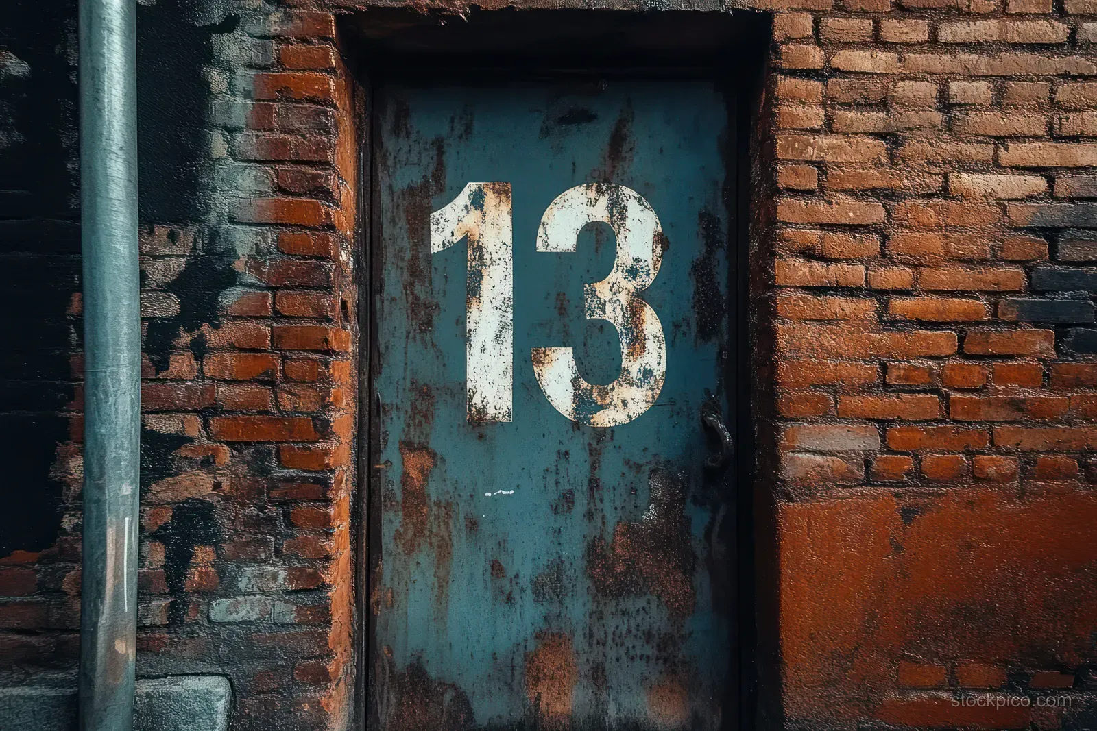 Weathered blue metal door with a rusted frame and a white number 13 painted on it in a red brick wall.