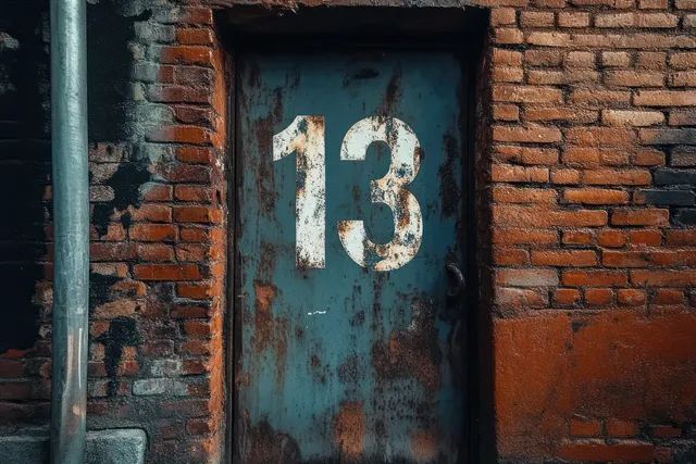 Weathered blue metal door with a rusted frame and a white number 13 painted on it in a red brick wall.