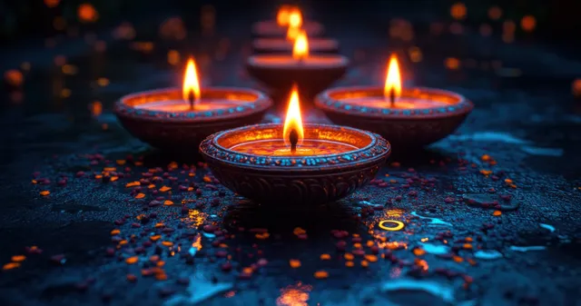 Diwali diyas burning on rangoli pattern with colorful petals at night