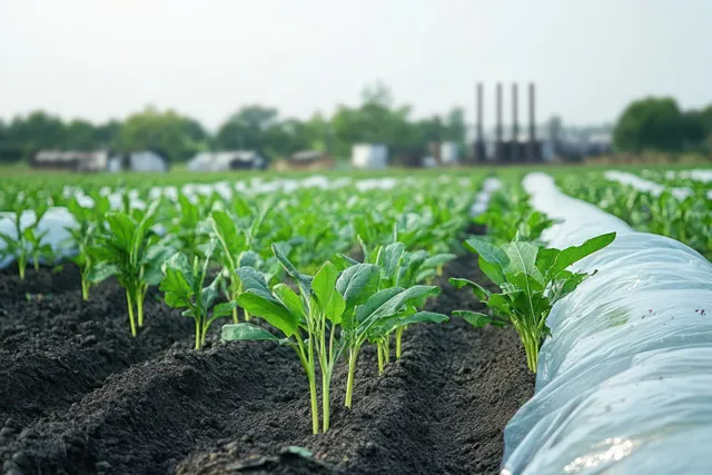 Young green leafy crop plants sprout in neat rows on dark soil with distant trees and industrial buildings.