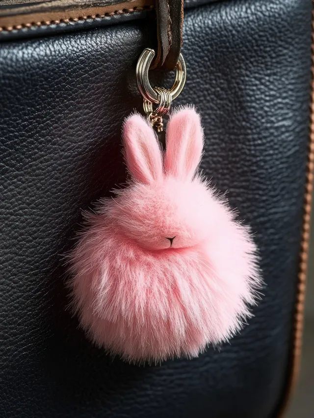 Fluffy pink bunny keychain with soft fur hanging from a black leather handbag.